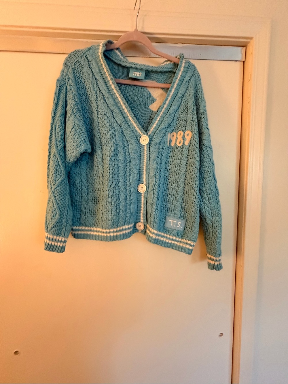 Taylor Swift Light Blue Cable Knit Cardigan with '1989' Patch